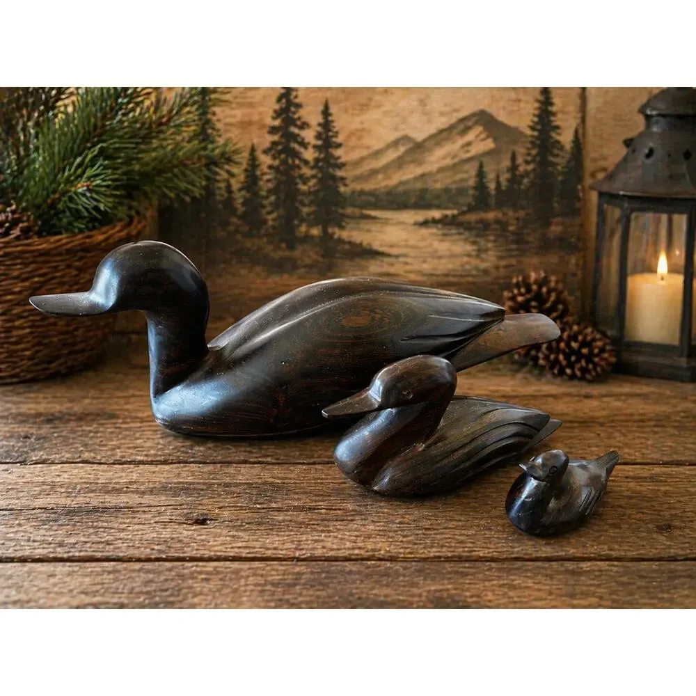 Vintage‎ Heavy Carved Ironwood Duck Family Set of 3 Solid Wood Rustic Decor
